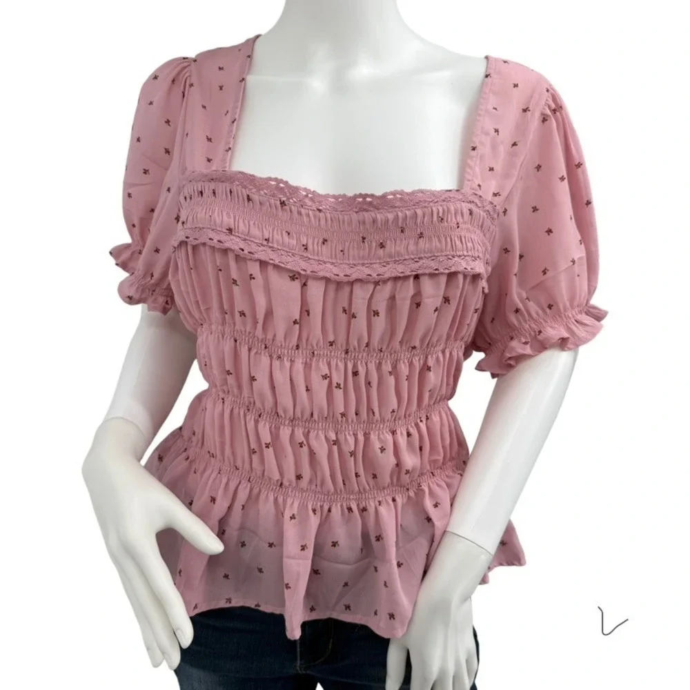 FREE PEOPLE New‎ Large Adore You Blouse Smocked Peplum Pink Floral Cottagecore